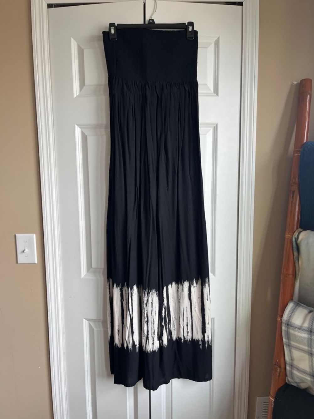 Black Strapless Maxi Dress with White Brushstroke Hem